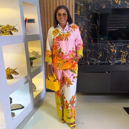 Chemise Vintage décontractée à imprimé Floral pour femmes, col rabattu, pantalon ample, chemisier, ensemble deux pièces, tenues de vacances printemps et été