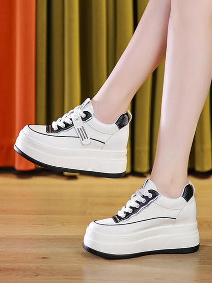 Fujin-Chaussures à l'offre elles compensées en cuir véritable pour femme, grosses chaussures blanches de 9cm, à la mode, automne et été