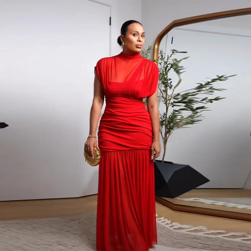 Robe longue de soirée plissée rouge Chic, élégante, manches volantes, maille, Patchwork, Maxi, vacances d'été, plage