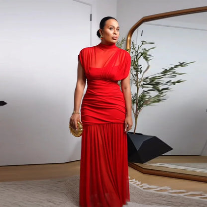 Robe longue de soirée plissée rouge Chic, élégante, manches volantes, maille, Patchwork, Maxi, vacances d'été, plage