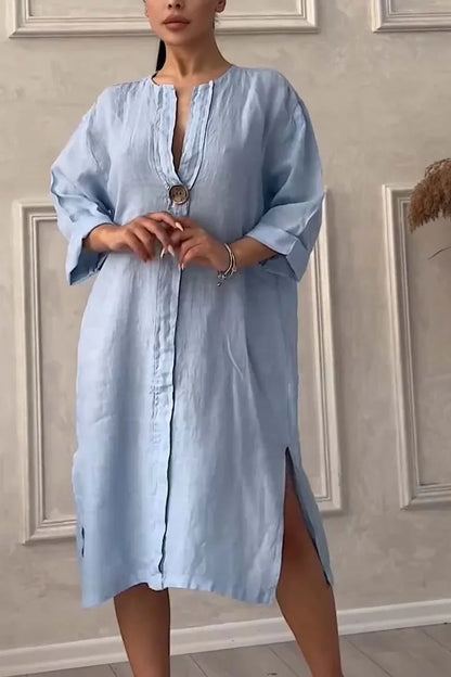 Robe d'été élégante en coton et lin pour femmes, col rond, manches longues, boutons, couleur unie, ample, décontractée, fente latérale, Simple
