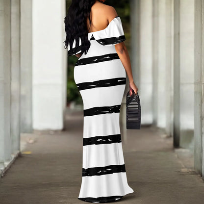 Robe longue rayée noir et blanc S-3XL – Robe sirène élégante à épaules dénudées pour femmes urbaines