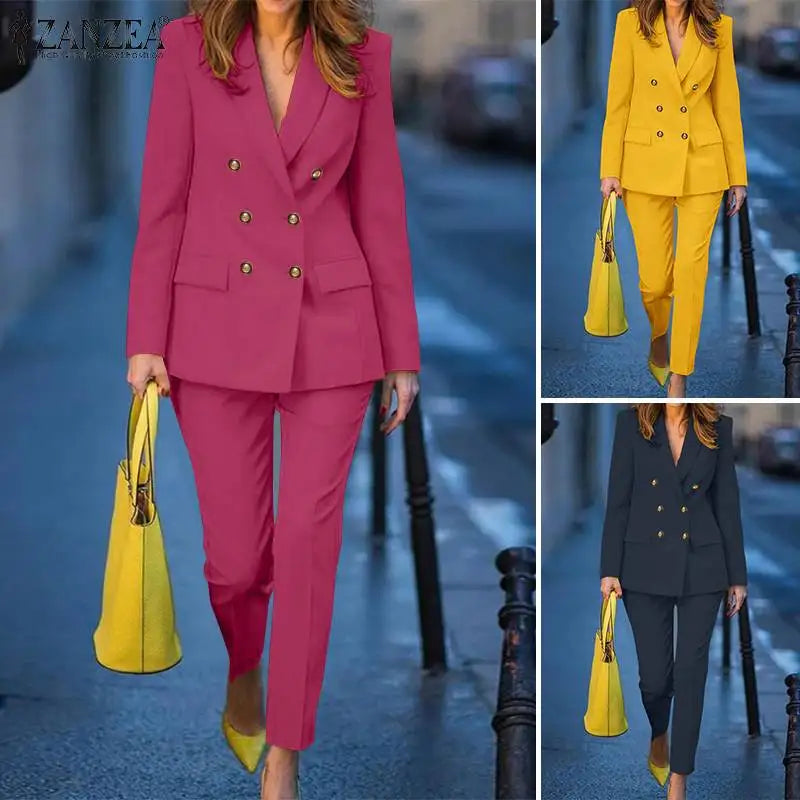 BS- Sublime femmes mode 2 pièces Blazer costumes cranté revers à manches longues Blazer pantalon ensembles élégant bureau dame solide 2 pièces tenues