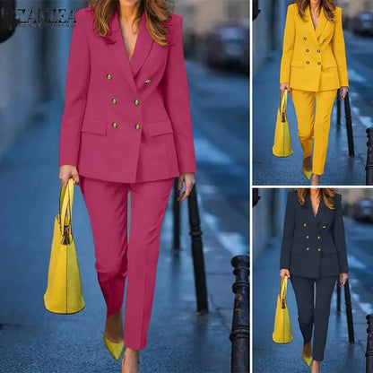 BS- Sublime femmes mode 2 pièces Blazer costumes cranté revers à manches longues Blazer pantalon ensembles élégant bureau dame solide 2 pièces tenues