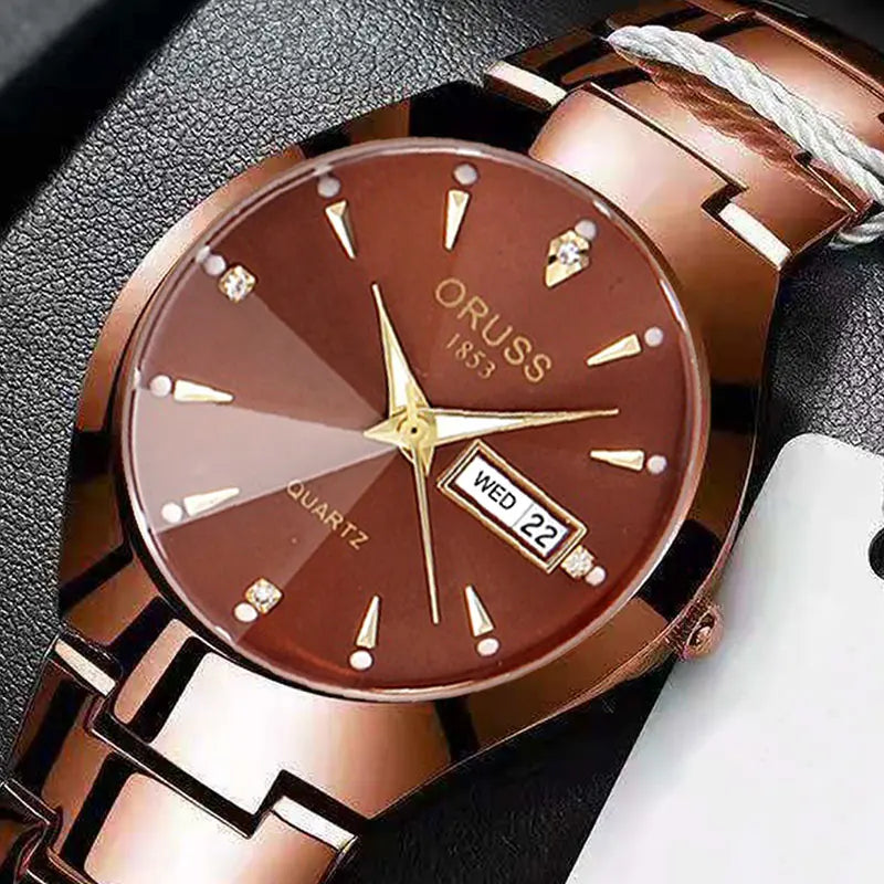 ORUSS-Montre de couple étanche pour hommes et femmes, quartz, acier inoxydable, date, semaine, horloge, cadeau pour amoureux, mode décontractée