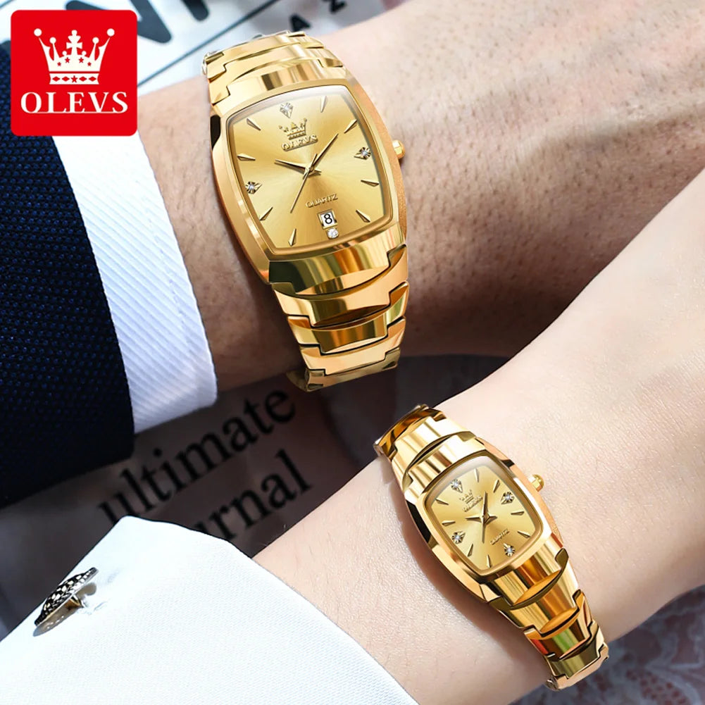 OLEVS-Montre de couple en acier au tungstène Tonneau pour hommes et femmes, marque de luxe, montre à quartz pour amoureux, montre-bracelet étanche, 7006