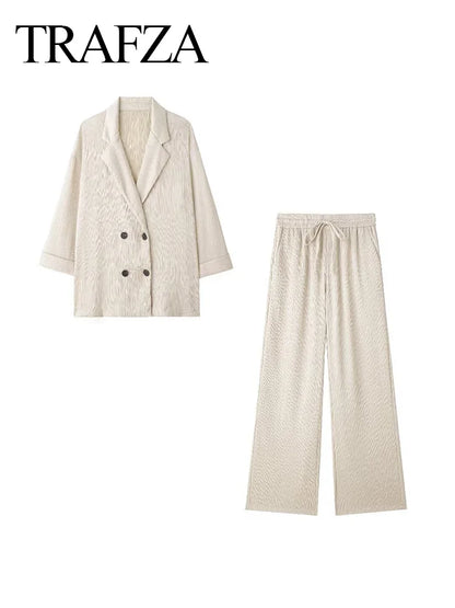 TRAFZA 2025 femmes pantalons décontractés ensemble taille haute pantalon à jambes larges + solide Beige ample glace soie Double boutonnage chemise hauts 2025 à la mode
