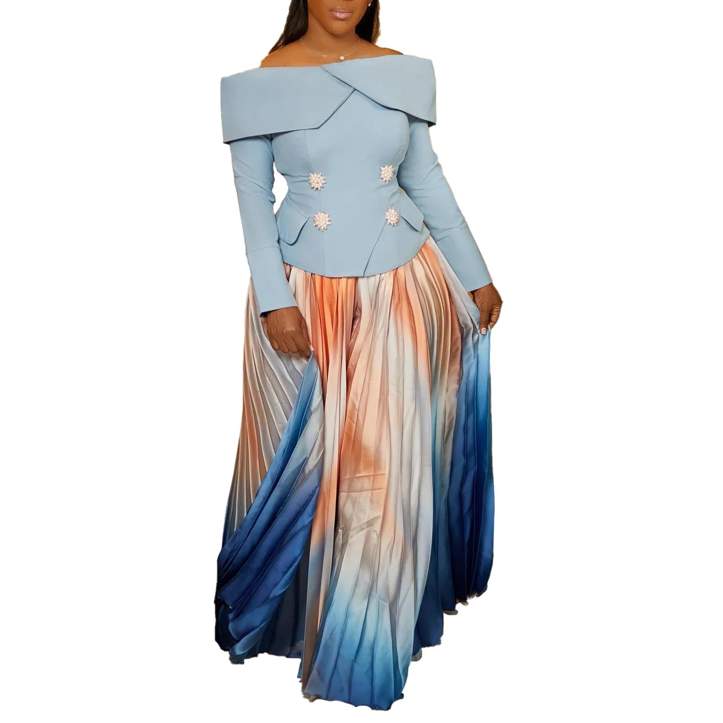 BS - Ensemble à manches longues et col slash pour femme, jupes longues plissées dégradées, ensemble de rue, tenues d'avocat africain, 2 pièces