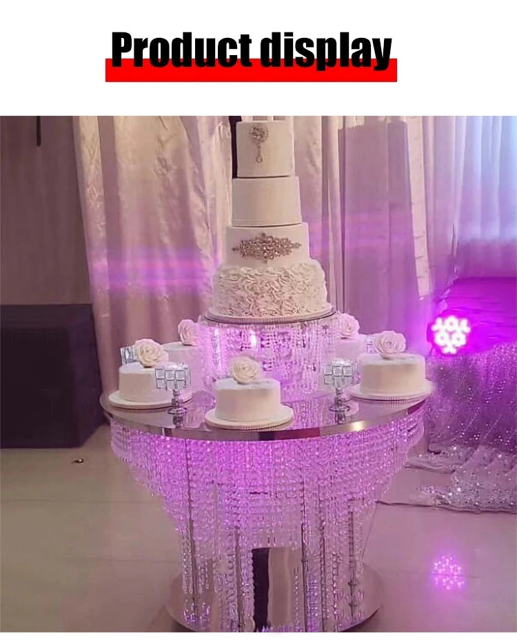 Rideau de perles de cristal, Table à gâteau, décoration de mariage, Table en métal avec éclairage, Table à gâteau en cristal de mariage