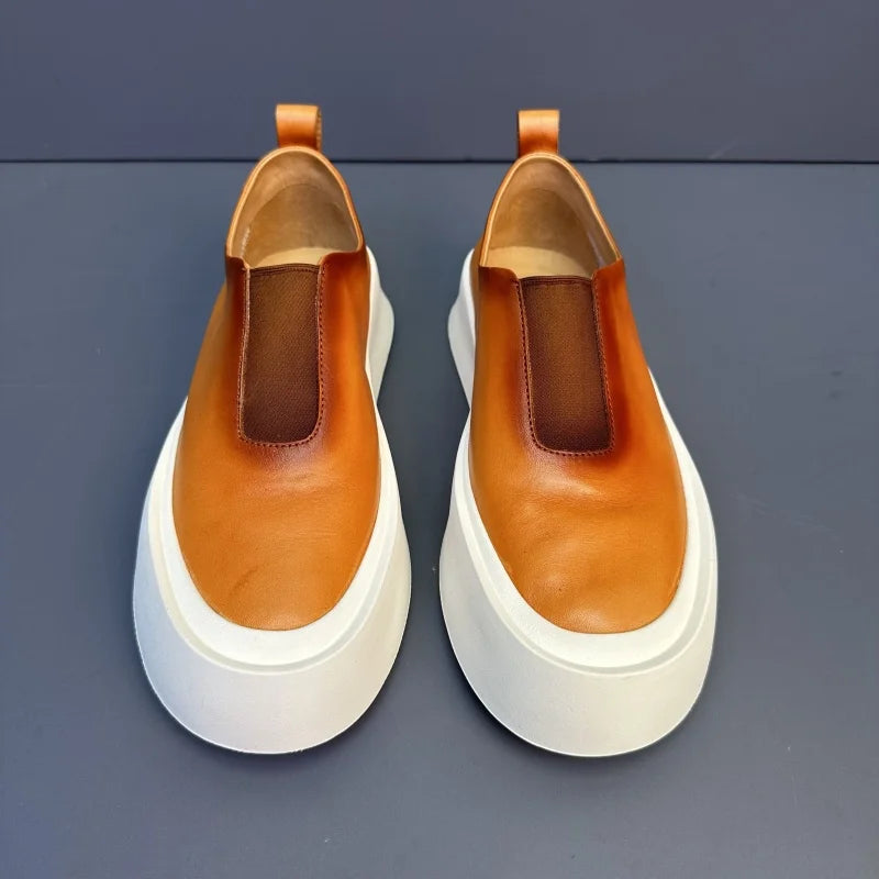 Baskets épaisses en cuir véritable pour hommes, chaussures décontractées, respirantes, à enfiler, haut de gamme