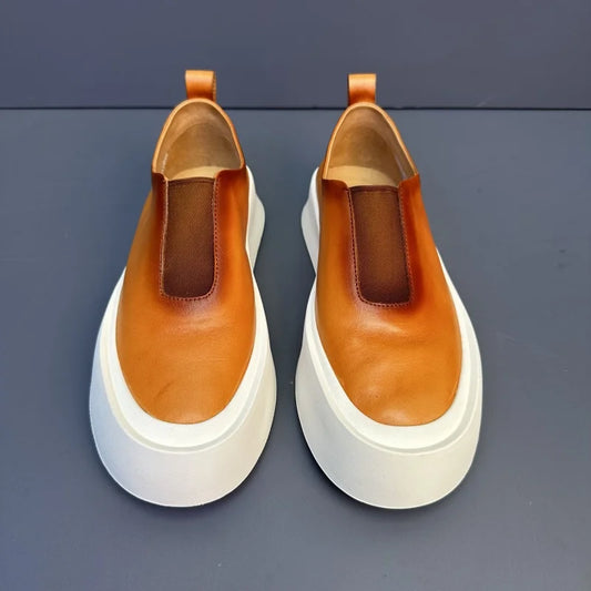 Baskets épaisses en cuir véritable pour hommes, chaussures décontractées, respirantes, à enfiler, haut de gamme