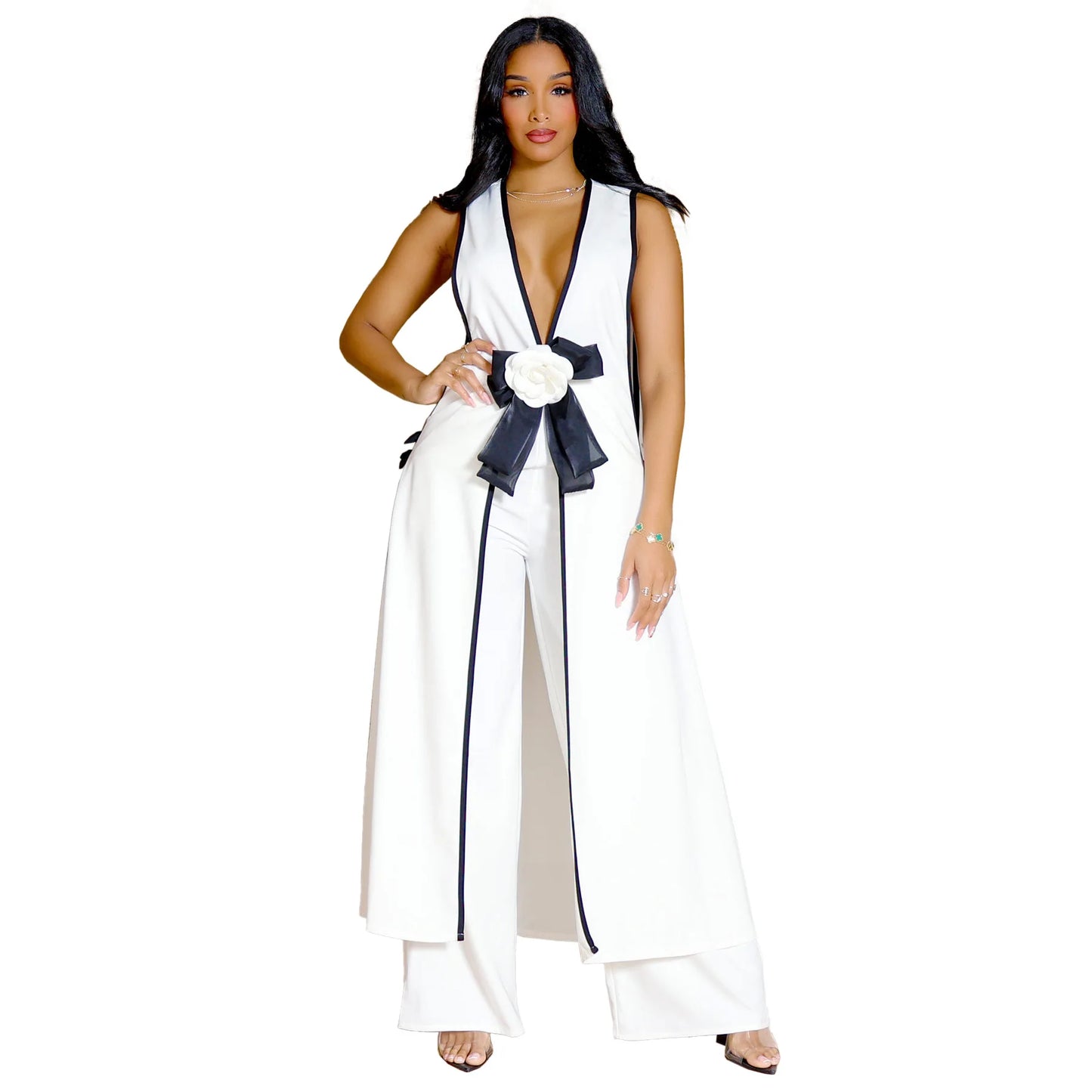 Ensemble de survêtement assressentipour femme, pantalon à glaçure épissée, pantalon à jambe large, longueur de rinçage, élégant, travail de rue, 2 pièces