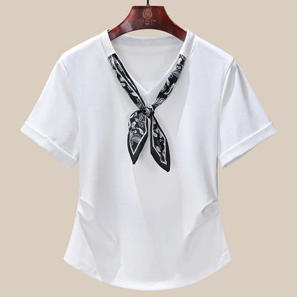 T-Shirt à manches courtes et col en V pour femme, écharpe structurée, épaules froncées, cravate à la taille, amincissante, nouvelle collection 2025