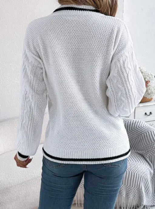 Pull femme 2025 mode Style décontracté automne hiver nouvelle couleur bloquant col en v pâte frite torsion lanterne à manches longues pull