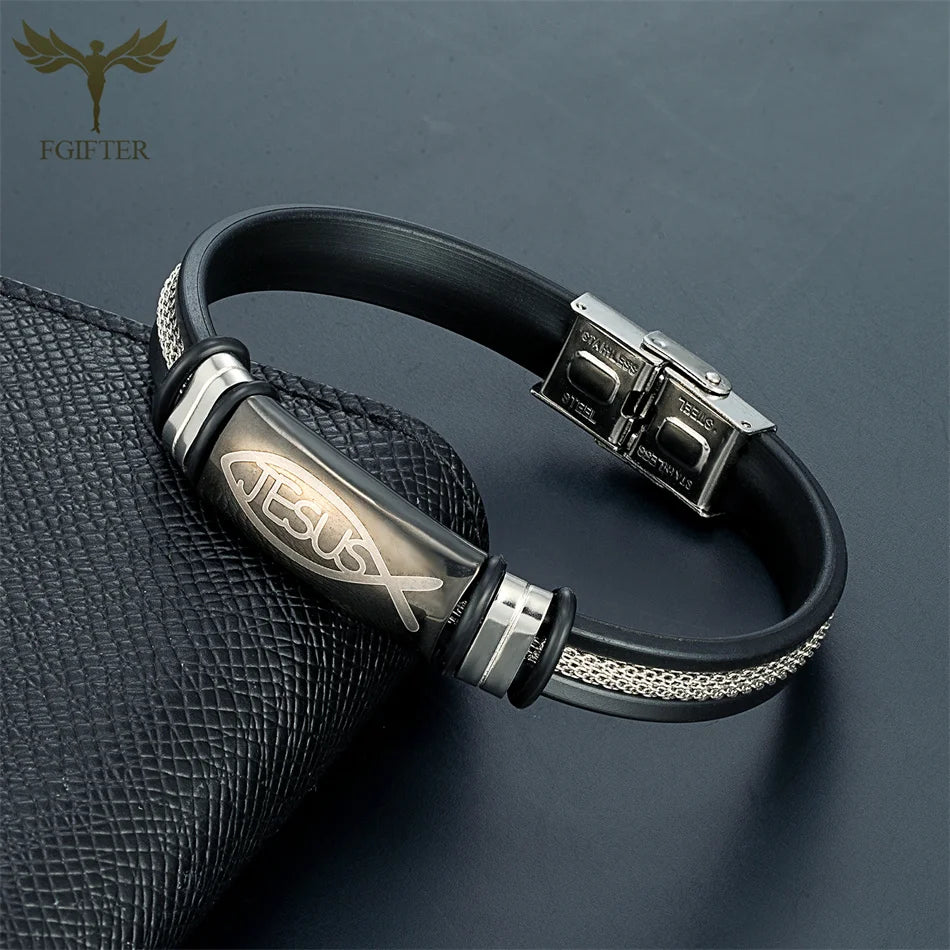 Bracelet symbole de poisson de jésus chrétien avec chaîne, manchette en acier inoxydable, en Silicone noir, bijoux d'été pour femmes et hommes