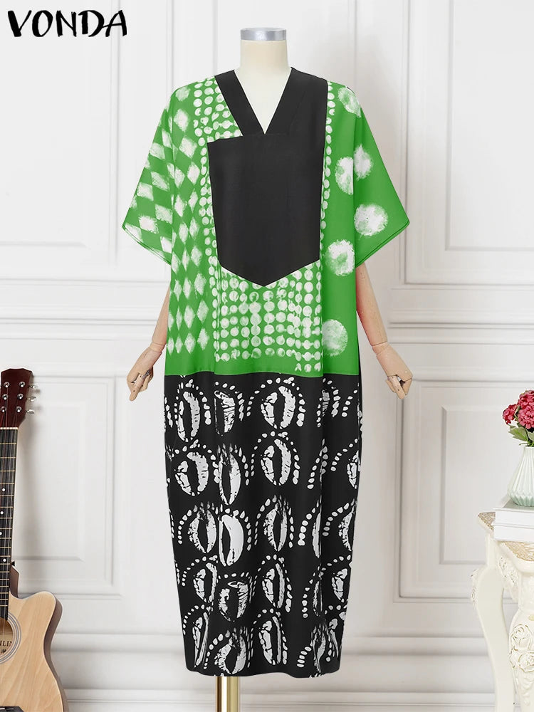 VONDA Vintage Robe Maxi femmes été fête imprimer robes 2025 mode col en v 3/4 manches décontracté surdimensionné ample longue Robe