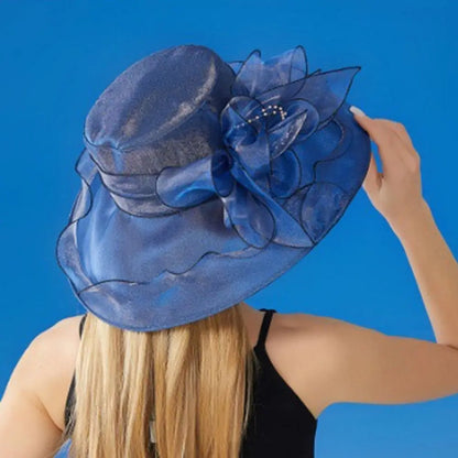 Chapeau Derby à fleurs de couleur unie pour femmes, en Organza à large bord, à volants, chapeau de soleil pliable, Protection UV, pour fête de thé, mariage