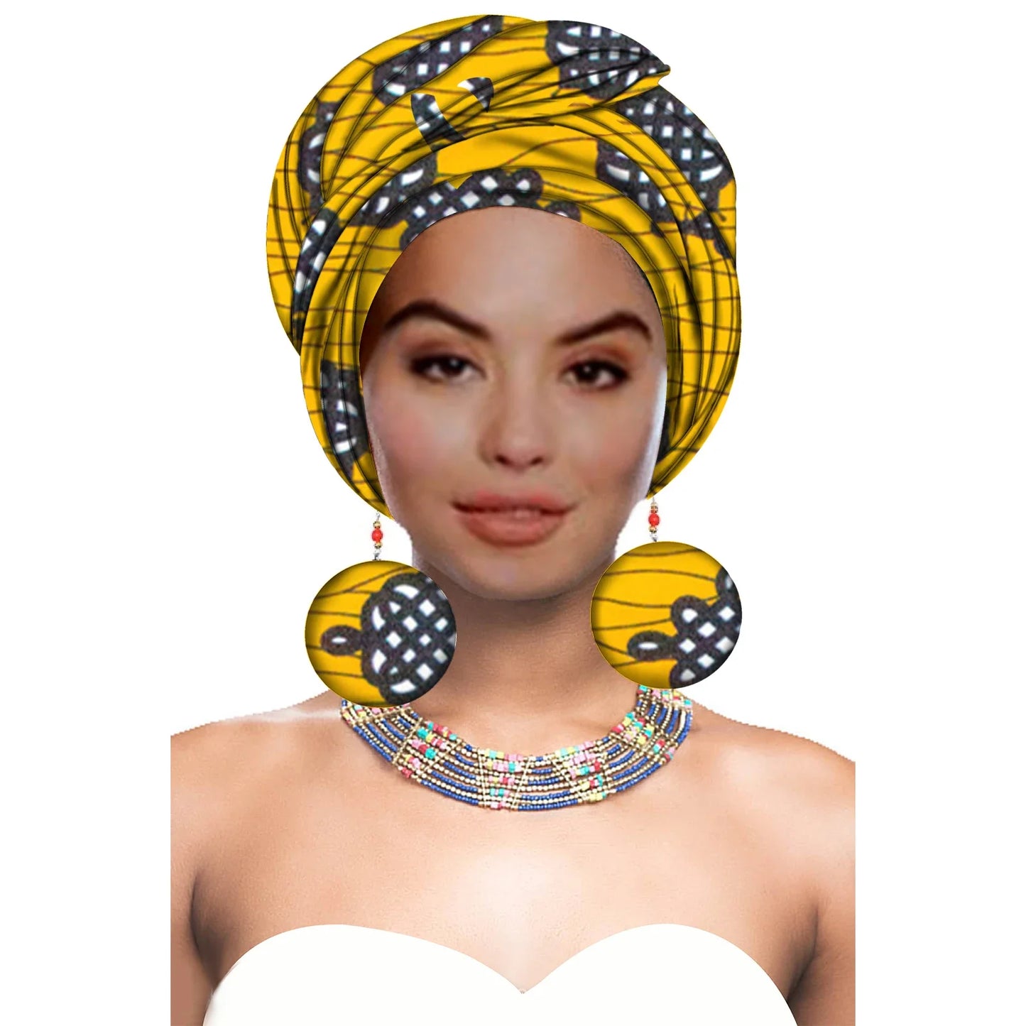 Turbans - bandeaux africains pour femme foulard africain couvre-chef nigérian avec boucle d'oreille assortie Dashiki Ankara cire S20H004
