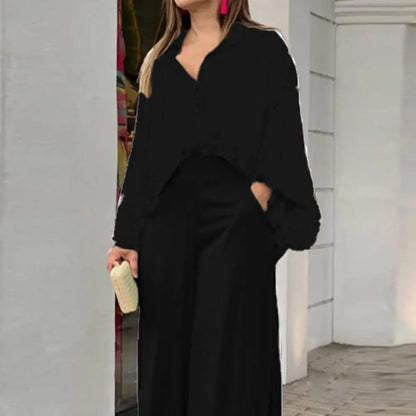 Ensemble Chemise et Pantalon à Revers pour Femme, Tenue Simple, Imprimé Feuilles, Manches sulf, Taille Haute, Jambes Larges, Tenue de Bureau, Tenue de Salon, 2 Pièces/Ensemble