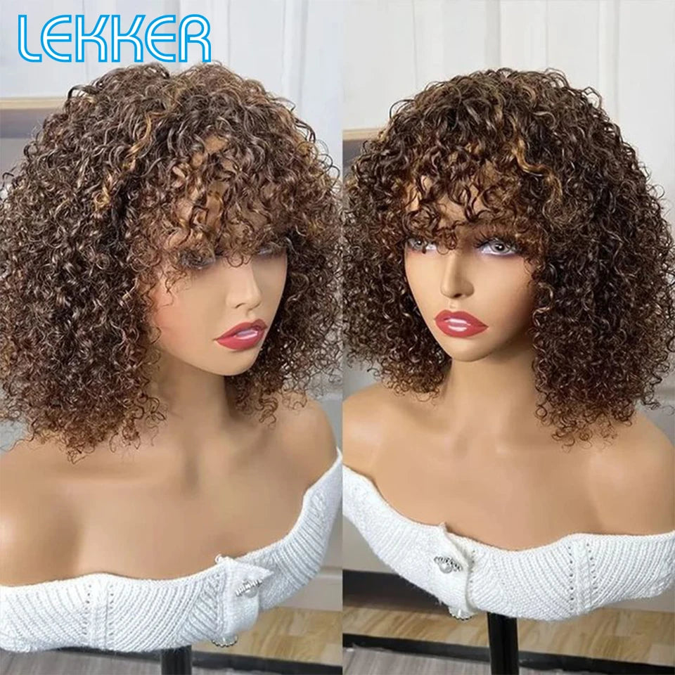 Lekker couleur courte Pixie Afro crépus bouclés Bob 100% perruques de cheveux humains avec frange pour les femmes brésilien Remy cheveux Ombre brun perruques