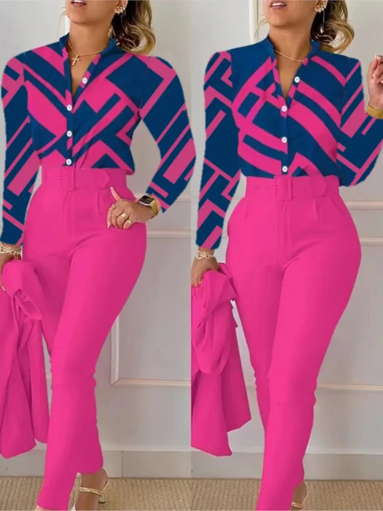 Chemise à manches longues et col en V pour femmes, ensemble 2 pièces, imprimé automne, haut décontracté, taille haute, poches, travail, vêtements féminins, pantalon, 2024