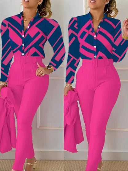 Chemise à manches longues et col en V pour femmes, ensemble 2 pièces, imprimé automne, haut décontracté, taille haute, poches, travail, vêtements féminins, pantalon, 2024