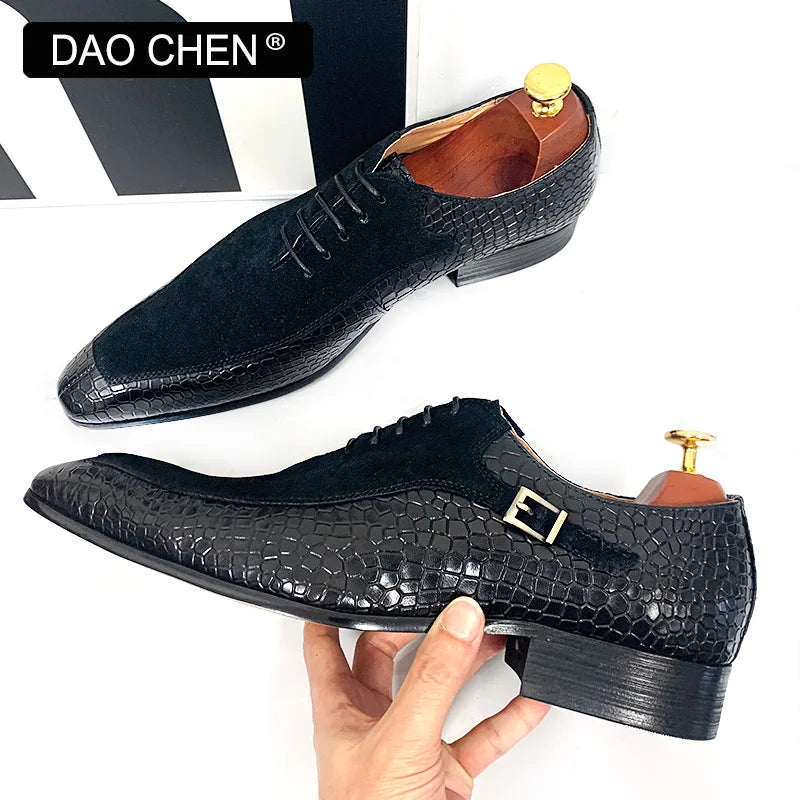 Hommes de luxe Oxford chaussures à lacets bout fendu noir marron hommes chaussures habillées daim Patchwork Crocodile imprime chaussures en cuir hommes