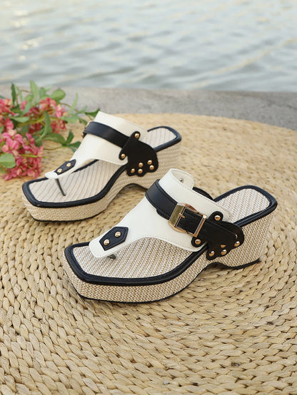 Talon compensé semelle épaisse sandales de paille talon compensé tongs à fleurs tridimensionnelles bohème cool pente talon semelle épaisse