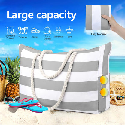 Sac extérieur rayé à fermeture éclair pour les voyages et les vacances en plein air, toile imperméable et résistante au sable, sac de plage pliable pratique-zmt