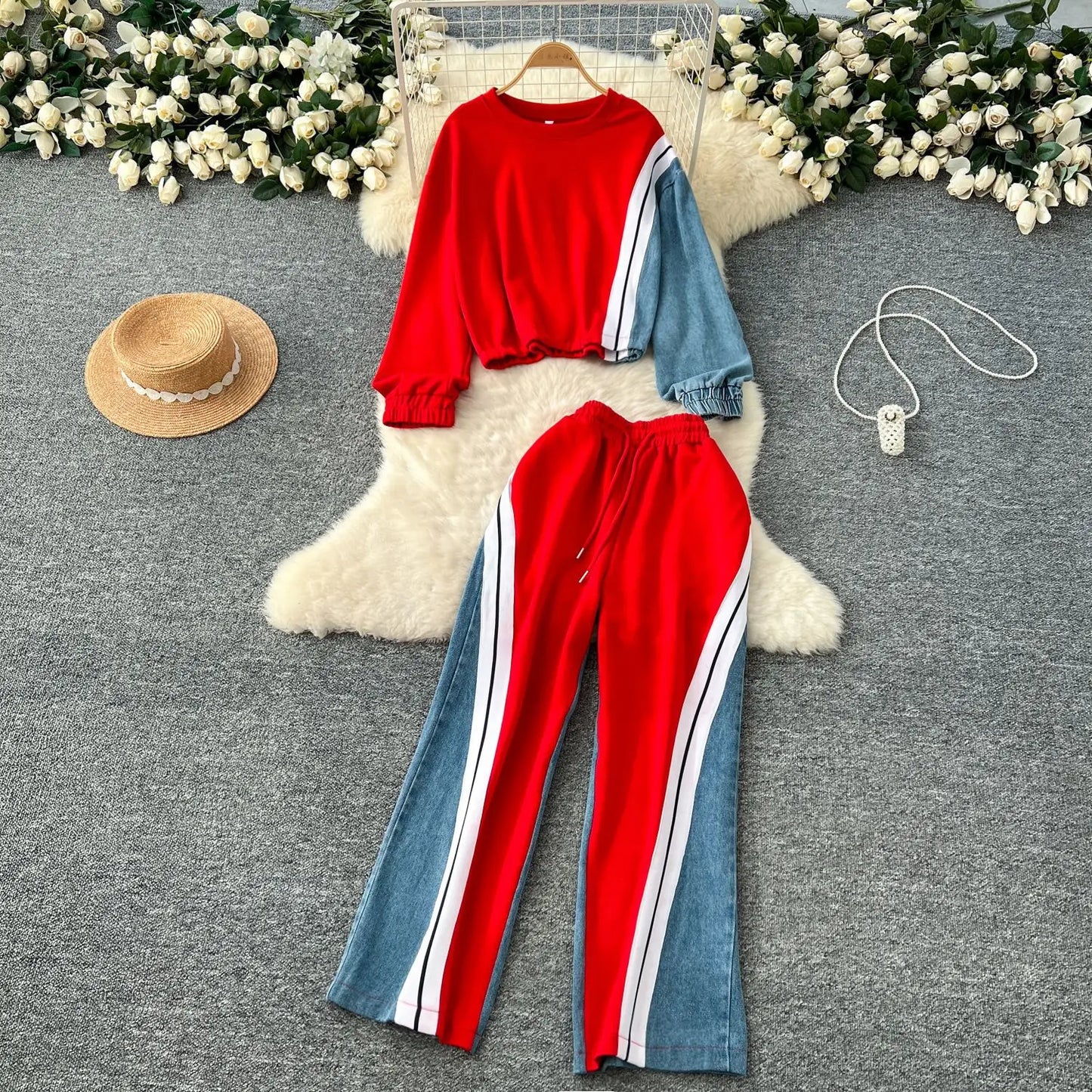 Ensemble pantalon deux pièces pour femmes, col rond, assorti, sweat-shirt, hauts, jambes larges, pantalons longs, décontracté, ample, taille élastique, Denim