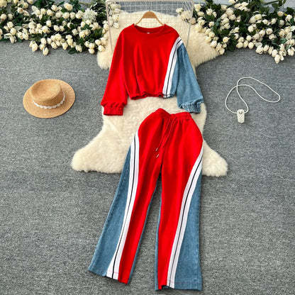 Ensemble pantalon deux pièces pour femmes, col rond, assorti, sweat-shirt, hauts, jambes larges, pantalons longs, décontracté, ample, taille élastique, Denim