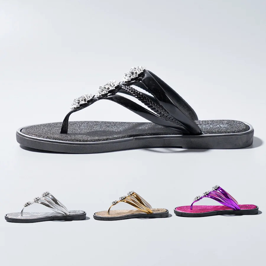"Sandales tongs pour femmes avec strass, diapositives décontractées de plage pour vêtements d'extérieur, semelles plates et pantoufles d'été"