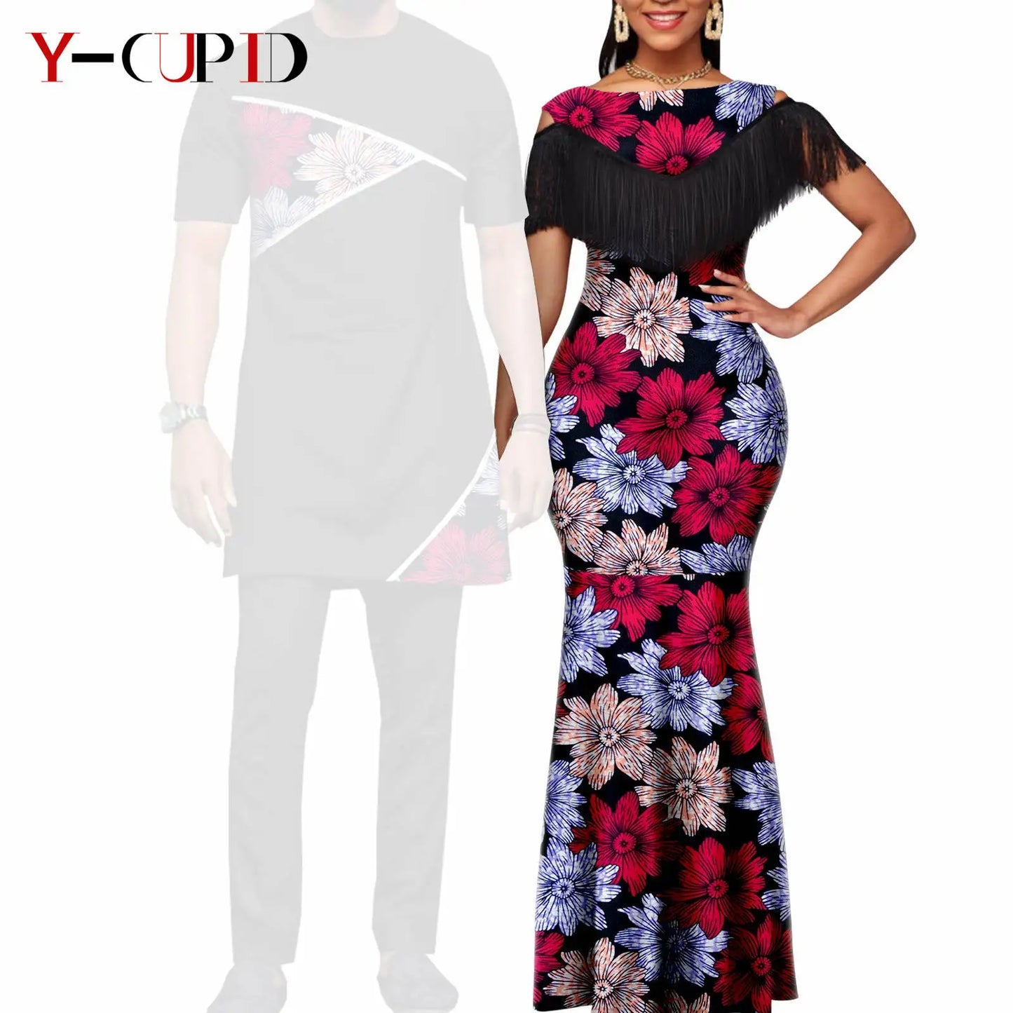 Robes africaines pour femmes, tenues de Couple assorties, Bazin Riche Dashiki, Slim, imprimé pompon, longues robes de fête Y23C009