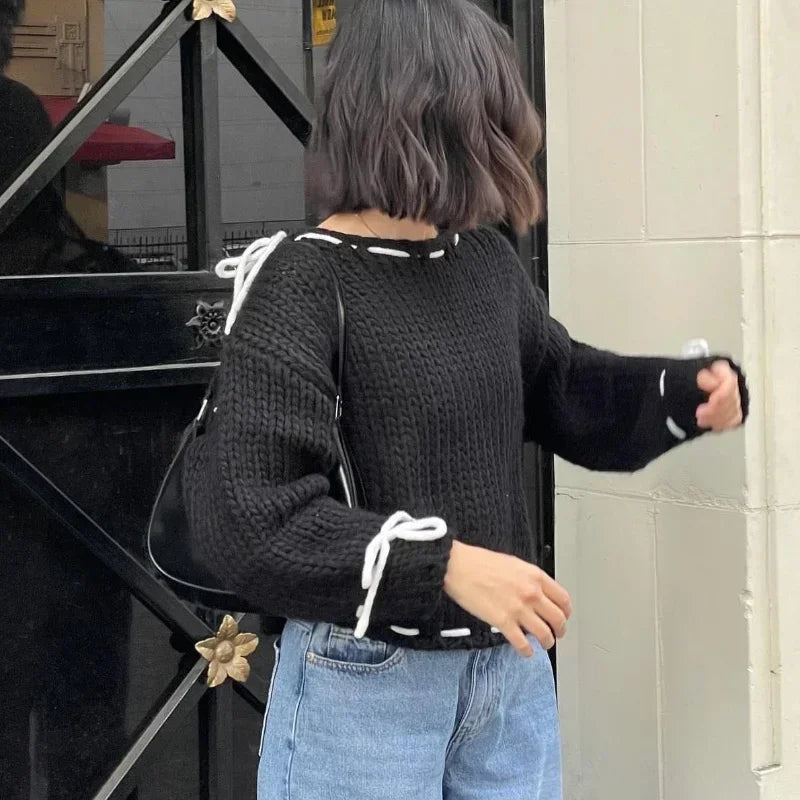 Pull tricoté à lacets pour femme, pull à manches longues, ample, à la mode, Y2K, nouvelle collection automne hiver 2024
