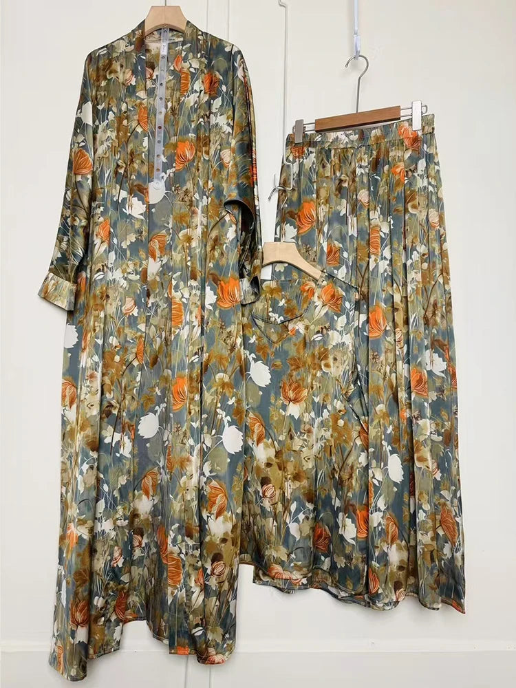 Cardigan long imprimé géométrique rétro, ensemble trois pièces, pull ample + jupe à jambes larges, costume à la mode pour femmes, été 2025