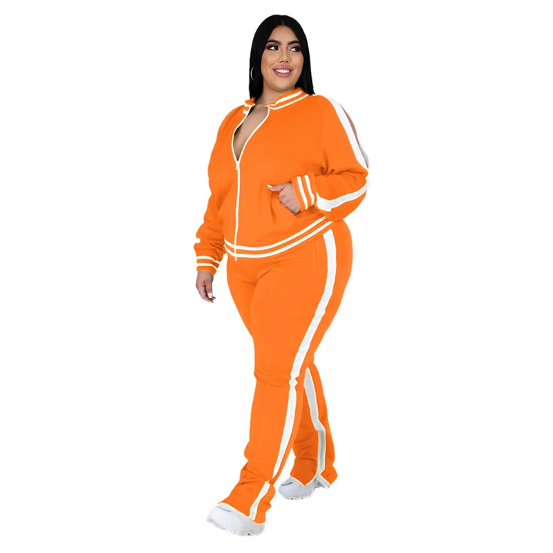 Grande taille L-5XL deux pièces ensemble femmes survêtement Zip haut rayé fente pantalons de survêtement survêtement tenue correspondant ensemble en gros livraison directe