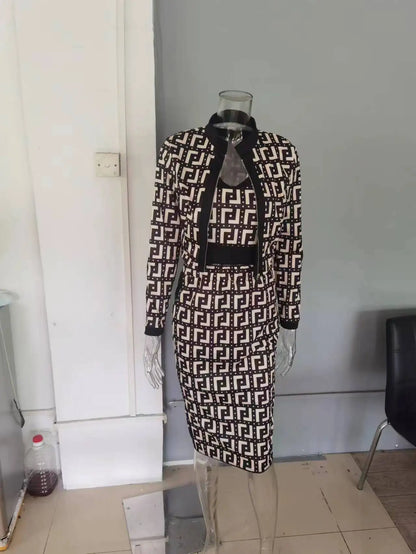 Ensemble de robe élégante OL, à la mode printemps/automne, doux, Slim Fit, imprimé, veste à manches longues, gilet et jupe, ensemble trois pièces