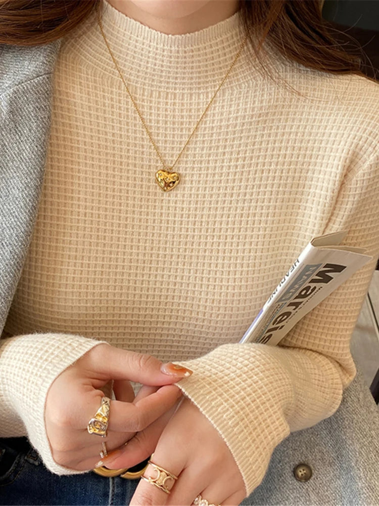 Pull Vintage à Col Roulé pour Femme, Vêtement à Motif Gaufré, Solide, Décontracté, Slim, Automne Hiver