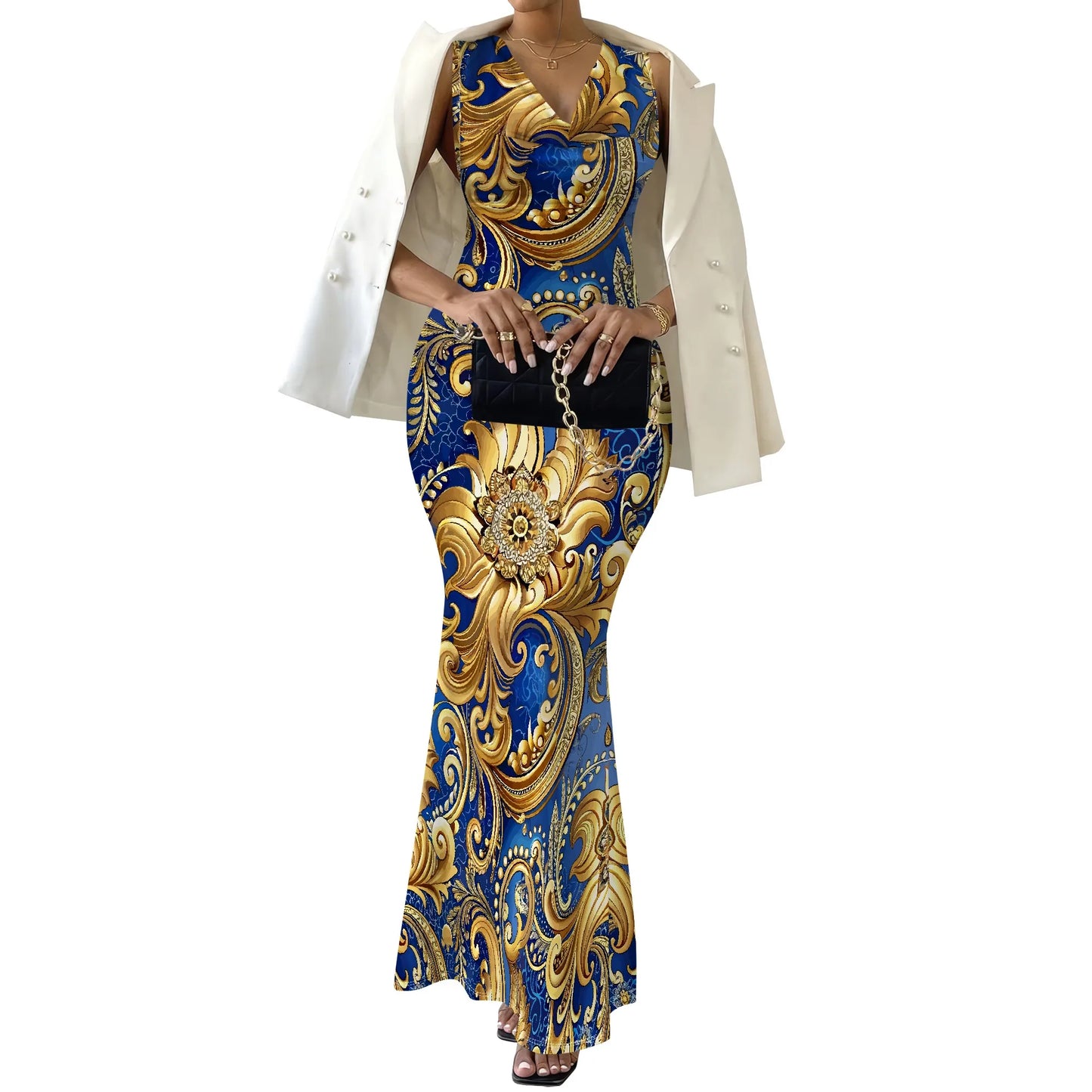 Robe longue moulante à imprimé baroque XS-2XL – Robe bleue et dorée élégante pour tenue de soirée, événements formels et gala