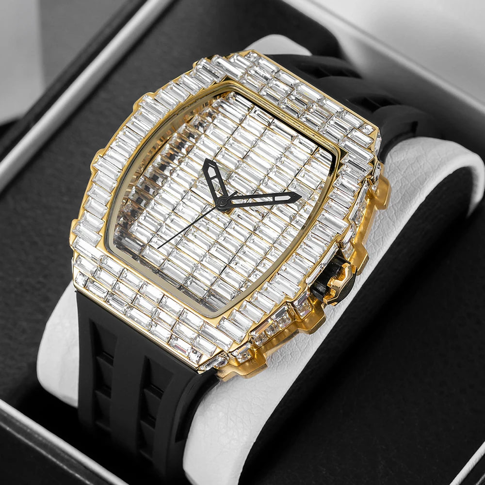 Montre-bracelet à Quartz pour hommes, marque de luxe, nouvelle collection créative, carrée, diamant scintillant, bracelet en caoutchouc, grand visage, cadeau, 2024