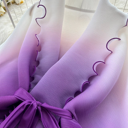 Miyake pli changement progressif couleur bord ondulé costume soleil jupe plissée à la mode et élégant deux pièces ensembles tenues pour femmes