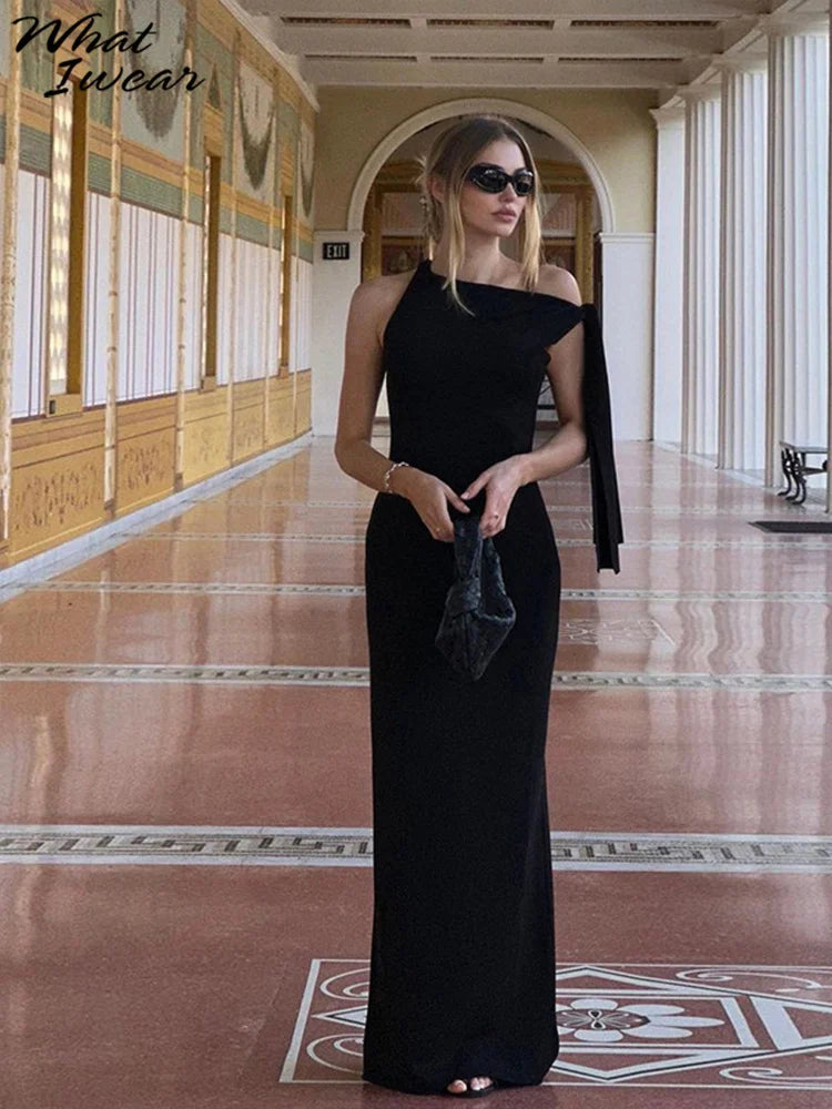 Bizarre chat une épaule robe femme été Sexy solide élégant noeud pansement sans manches moulage Simple fête maigre robes