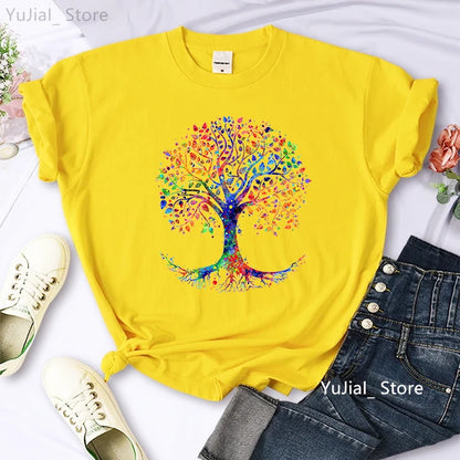 T-shirt imprimé arbre magique d'interconnexion pour femme, gris, vert, jaune, rose, noir, mode fille, été