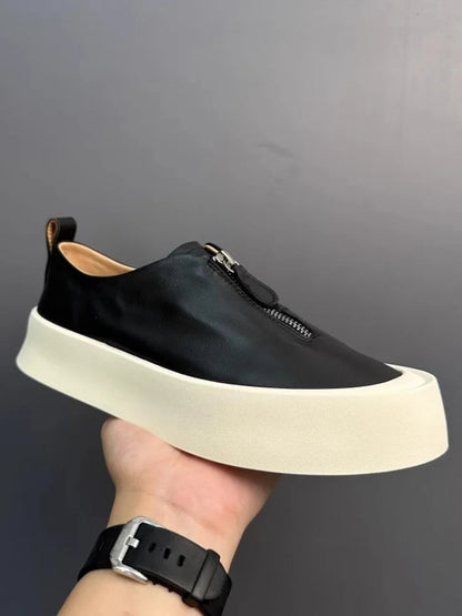 Mocassins à fermeture éclair pour hommes, cuir de vachette véritable, chaussures décontractées, baskets d'extérieur vintage, chaussures de skateboard, plate-forme optique, mode