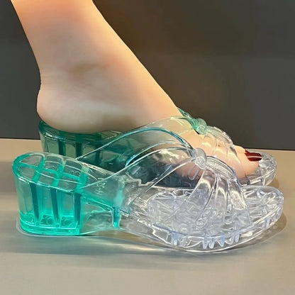 Sandales à talons hauts pour femmes, chaussures d'été en gelée, pantoufles plates, tongs de maison, sandales rétro d'extérieur, pantoufles transparentes