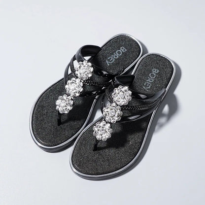 "Sandales tongs pour femmes avec strass, diapositives décontractées de plage pour vêtements d'extérieur, semelles plates et pantoufles d'été"