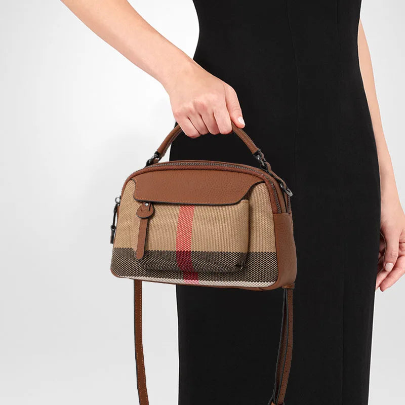 Sac à main chic à motif écossais – Toile premium – Mélange de cuir, haut élégant – poignée et bandoulière