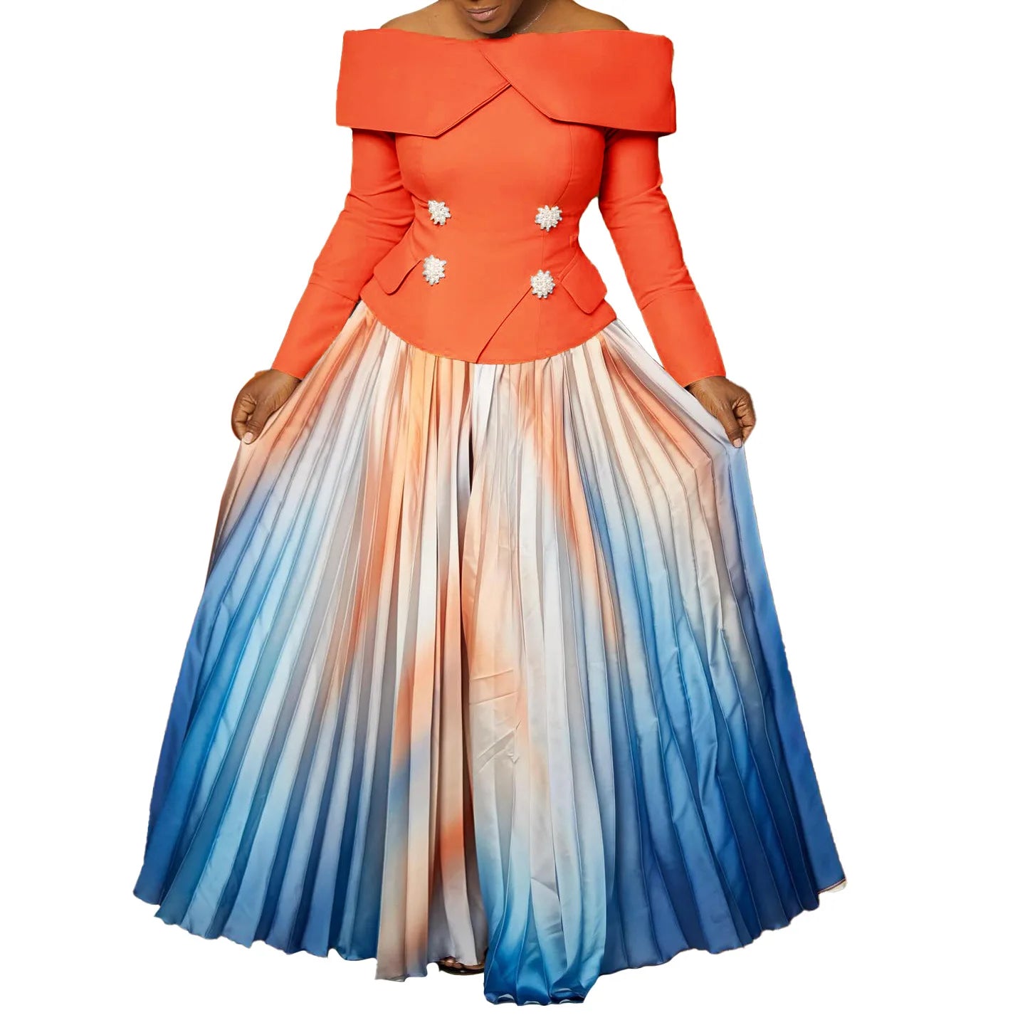 BS - Ensemble à manches longues et col slash pour femme, jupes longues plissées dégradées, ensemble de rue, tenues d'avocat africain, 2 pièces