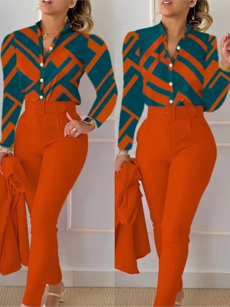 Chemise à manches longues et col en V pour femmes, ensemble 2 pièces, imprimé automne, haut décontracté, taille haute, poches, travail, vêtements féminins, pantalon, 2024