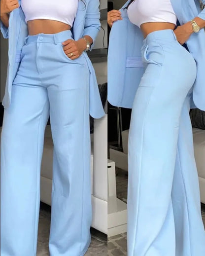 Survêtement à boutonnage simple pour femme, ensembles de pantalons, col rabattu, longueur de rinçage, poches droites, 2 pièces